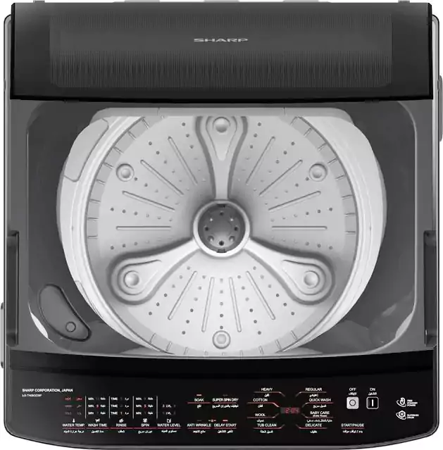 غسالة ملابس فوق أتوماتيك  شارب، تحميل علوي، 9 كجم، طلمبة، فضي غامق، ES-TN09GDSP