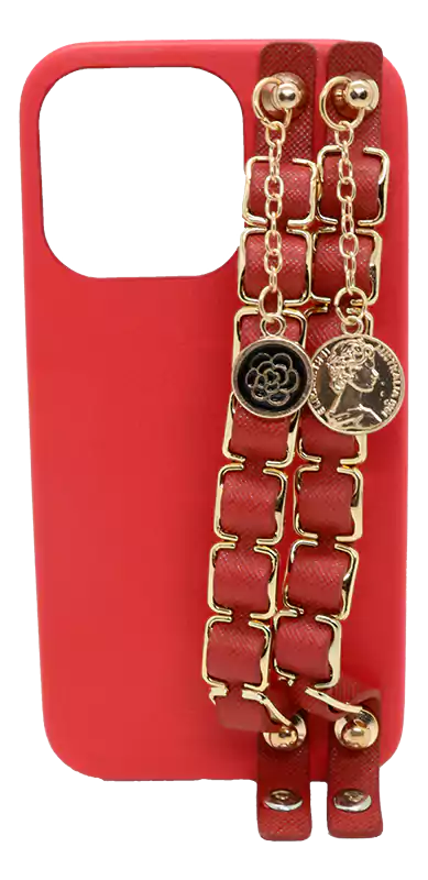 جراب موبايل ايفون 13 برو  ، سيليكون بحزام جلد، أحمر