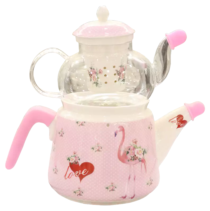 براد شاي بمصفاه قابلة للإزالة بورسلين تركي رسمة شكل بجعة - بينك