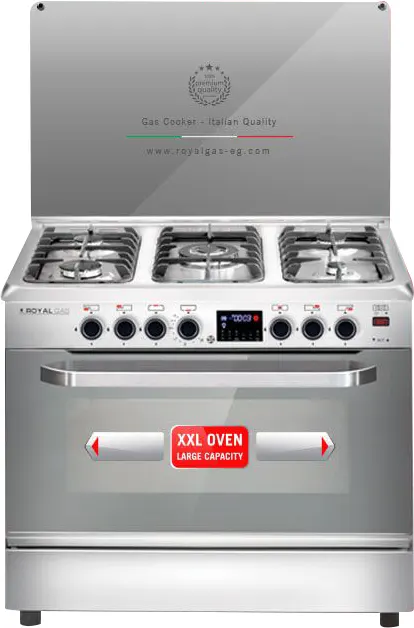 بوتاجاز رويال ماستر شيف برو، 90×60 سم، 5 شعلة، أمان كامل، شاشة ديجيتال، مروحة، سلفر، استانلس ستيل، 2010300