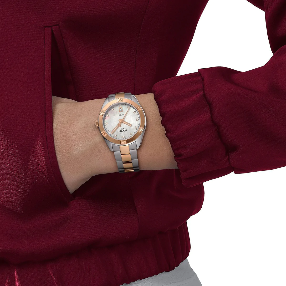 ساعة تيسوت نسائية، عقارب، سوار ستانلس ستيل، فضي، T101.910.22.116