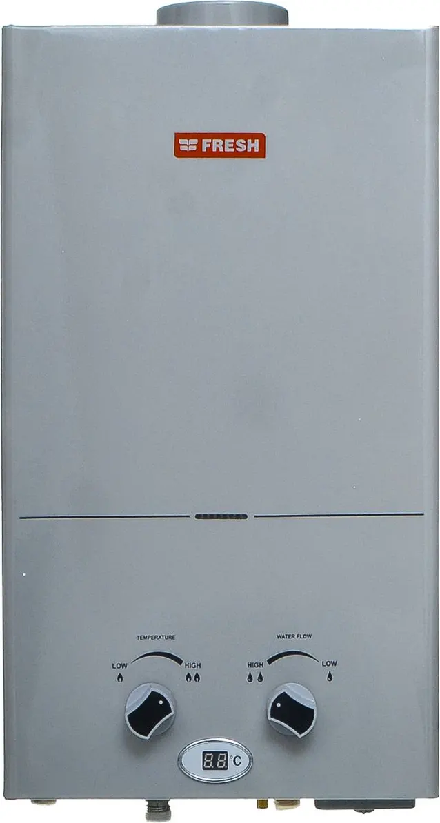 سخان مياه غاز فريش، 10 لتر، ديجيتال ، غاز انبوبة ، ادابتر، فضي