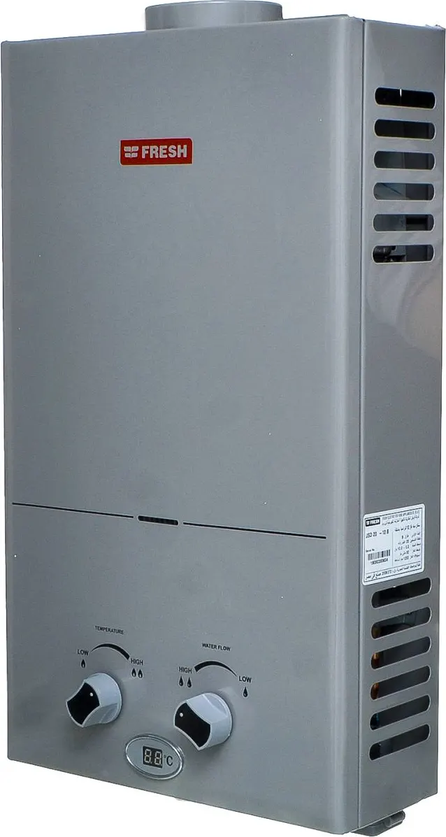 سخان مياه غاز فريش، 10 لتر، ديجيتال ، غاز انبوبة ، ادابتر، فضي