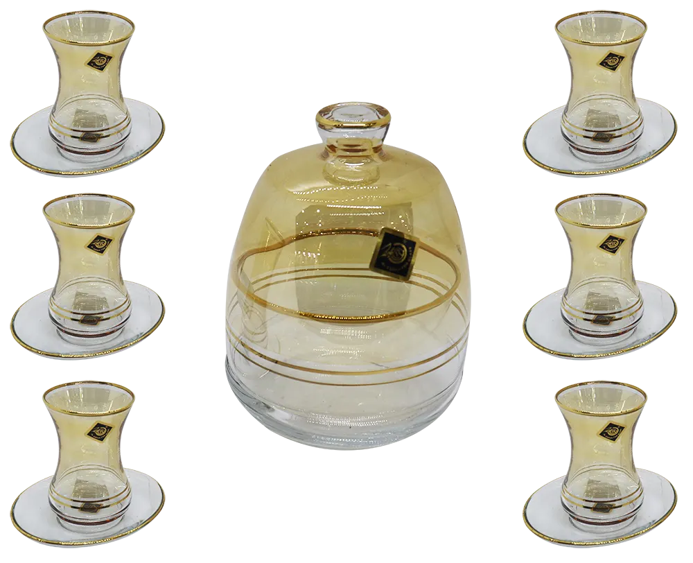 طقم أستكانة شاي زجاج الإسراء 14 قطعة بالسكرية - سادة مدهب