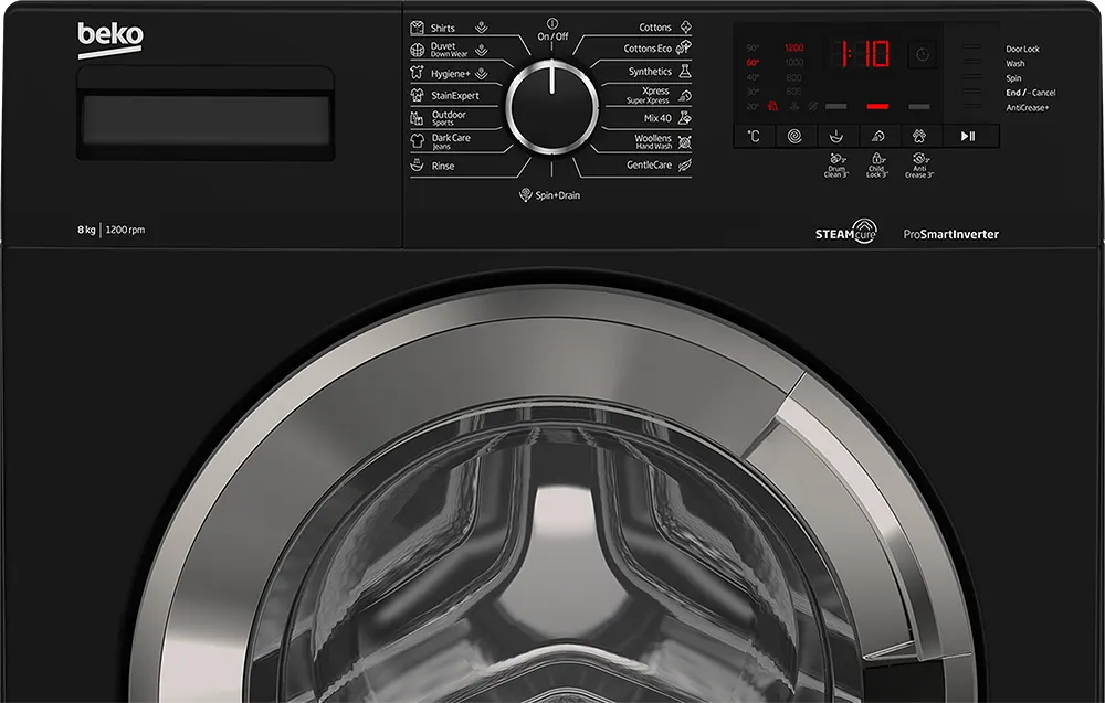 غسالة ملابس فول اوتوماتيك بيكو تحميل أمامي 8 كجم، 1200 لفة، ديجيتال، بخار، انفرتر، اسود، WTV 8612 XBCI