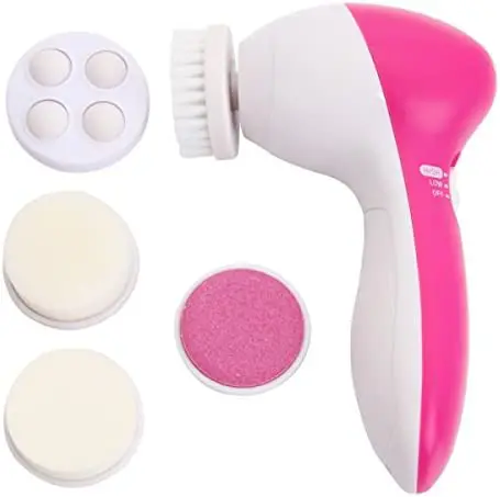 فرشاة تدليك وتنظيف الوجه الكهربائية 5 في 1 ،  سيلكون ناعم لتنظيف عميق دون ضرر،  وردي  ، AE.8782