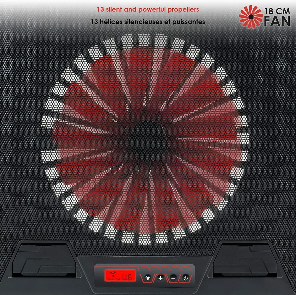 مروحة تبريد لابتوب جيجا ماكس بلس 2040، 1 مروحه، تدعم حتي 17.3 بوصة، اضاءة ليد، 6 سرعات، رمادي