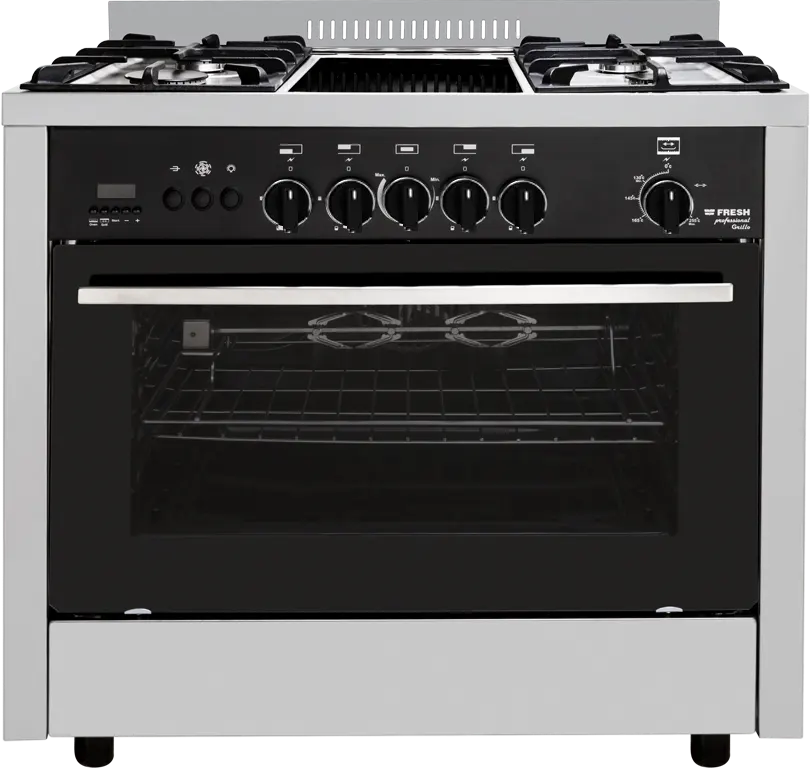 بوتاجاز فريش بروفيشنال جريللو، 90×60 سم، 4 شعلة غاز، شعلة كهرباء، أمان كامل، تايمر ديجيتال، مروحة، أسودxسلفر