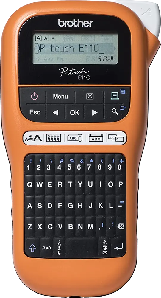 طابعة ملصقات صناعية برازر P-Touch، محمولة، برتقالي E110VP