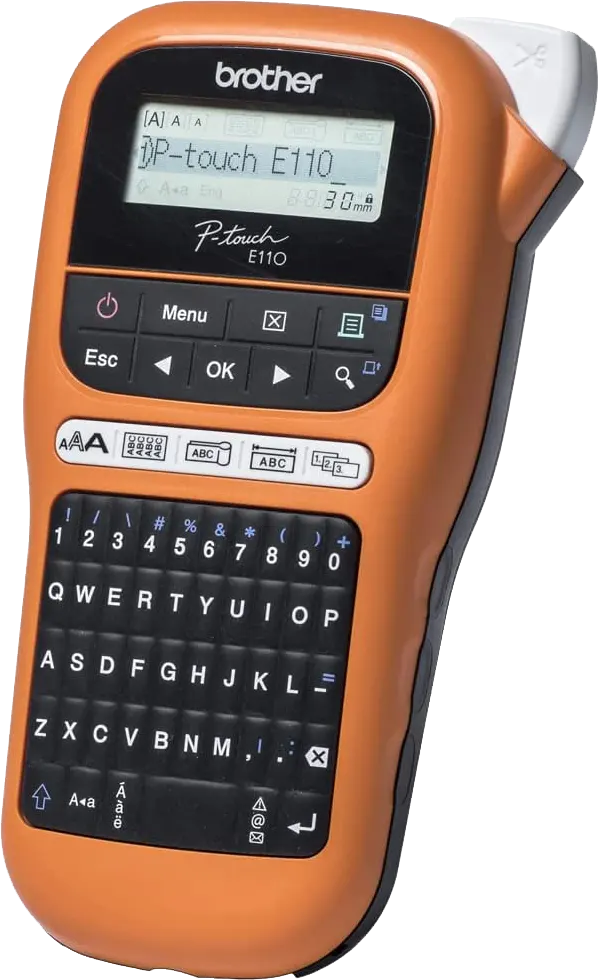 طابعة ملصقات صناعية برازر P-Touch، محمولة، برتقالي E110VP