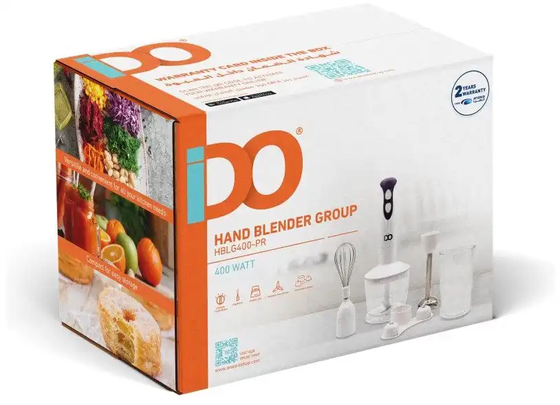 هاند بلندر أي دو، 400 وات، 600 ملي، مزود بمضرب بيض وكبة، أبيض ، HBLG400-PR