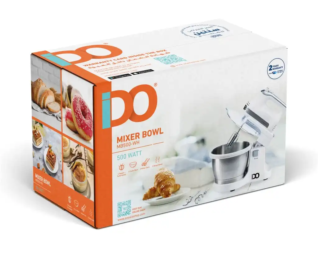 مضرب بيض بالعجان ايدو، 500 وات، 3.5 لتر، 5 سرعات، أبيض، MB500-WH