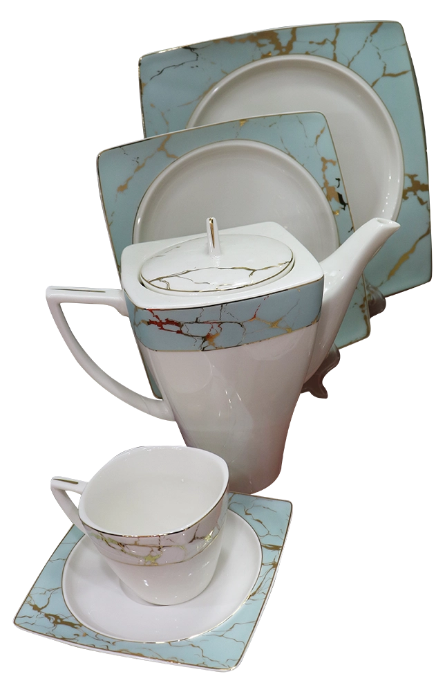 طقم صيني تركي مربع الاندلس ورليد، 62 قطعة، أبيض× تركواز