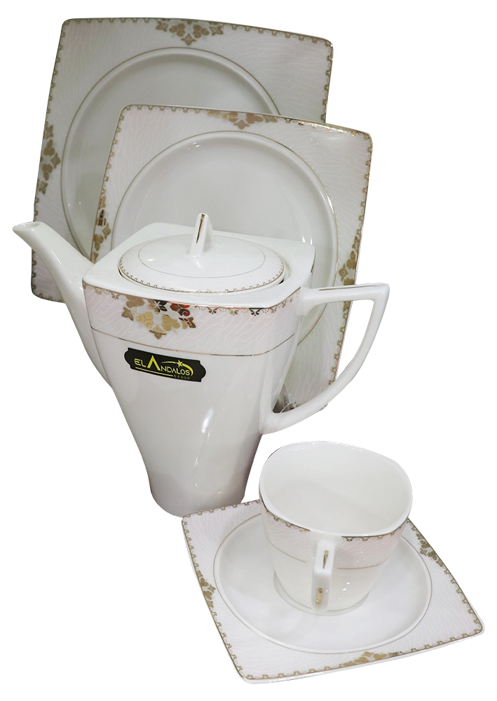 طقم صيني تركي مربع الاندلس ورليد، 62 قطعة، أبيض بنقوش ذهبي