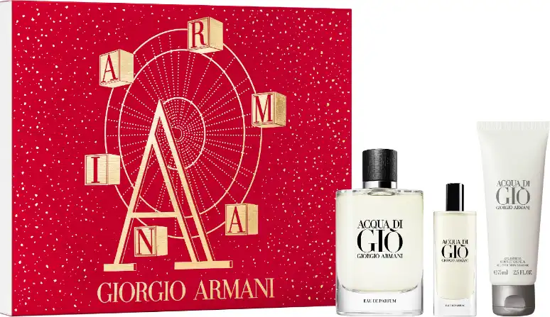 مجموعة عطر اكوا دي جيو من جورجيو ارماني للرجال او دي بارفان 125 مل + 15 مل + شامبو 75 مل