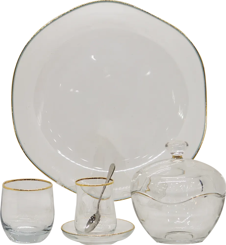 طقم شاي وقهوه وافي زجاج تركي، 27 قطعة مزود بصينية ، مدهب