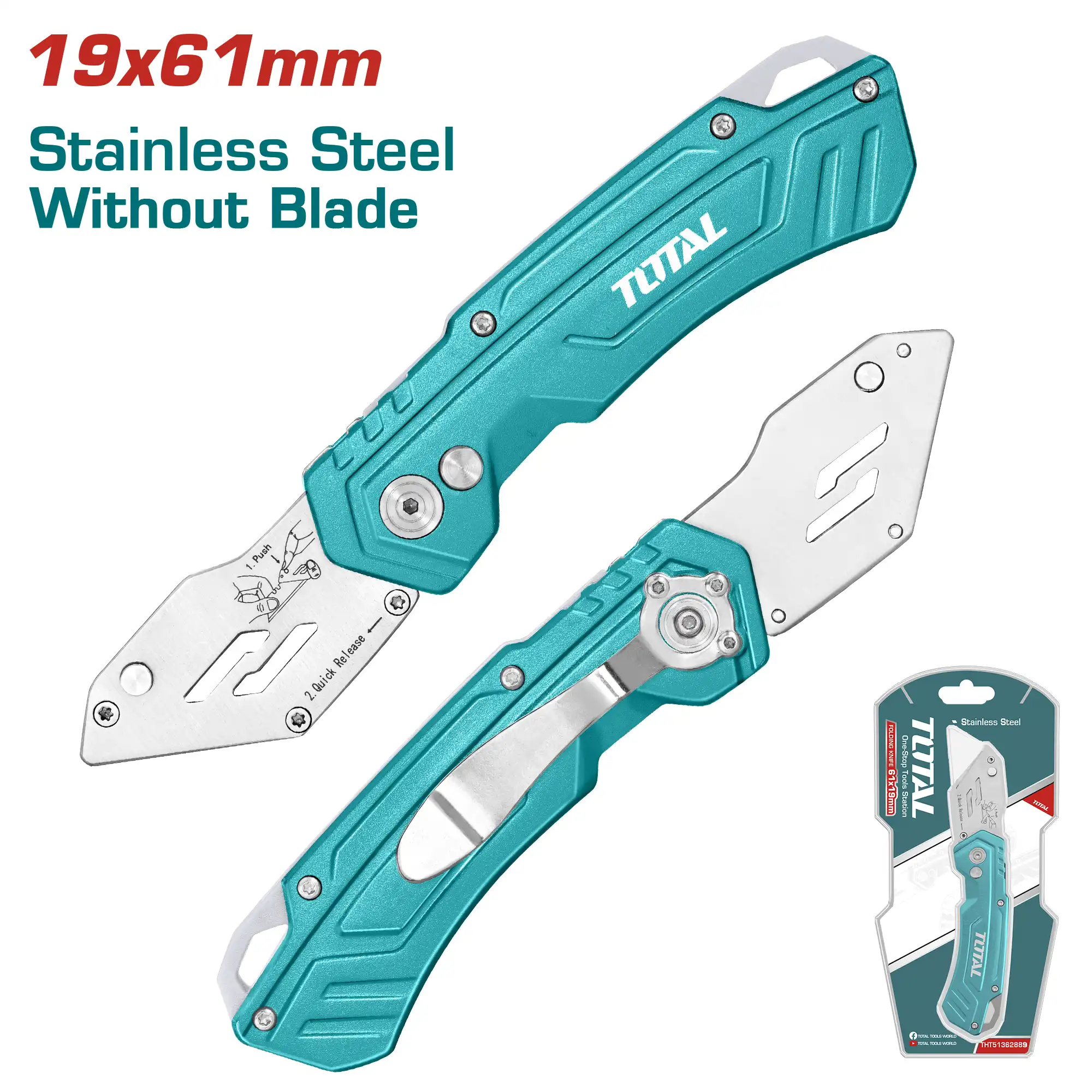 Total Tools Cutter, Folding, Without Blade, Stainless, THT51362889