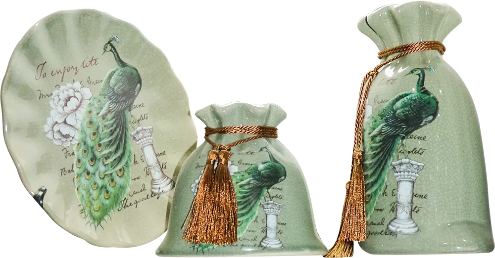 طقم 2 فازة + طبق للديكور شكل طاووس ،أخضر