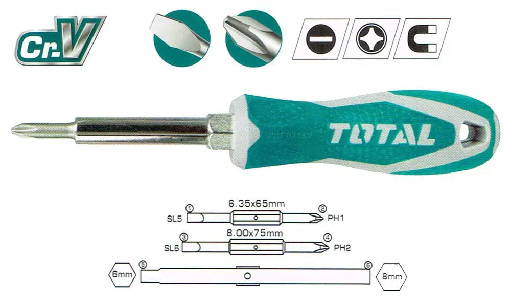 Total Screwdriver, 6 in 1, PH1 + SL5, THT2506076