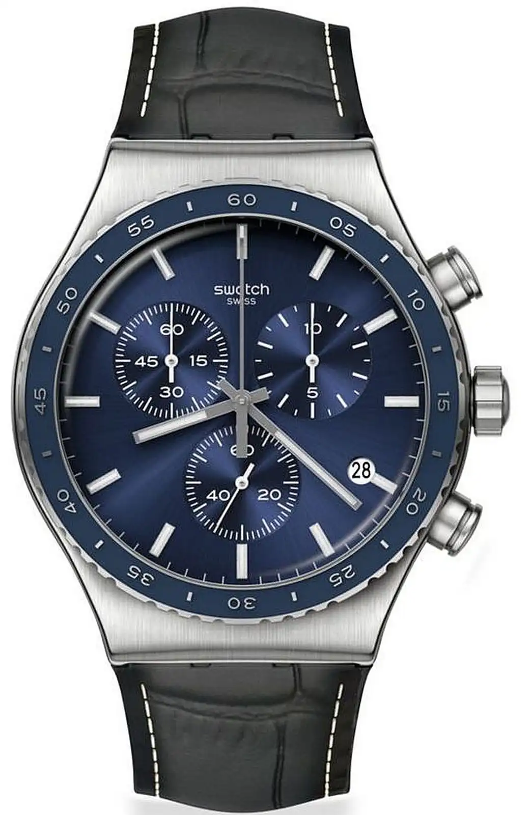 ساعة سواتش للرجال، عقارب، سوار جلد ، أسود YVS496