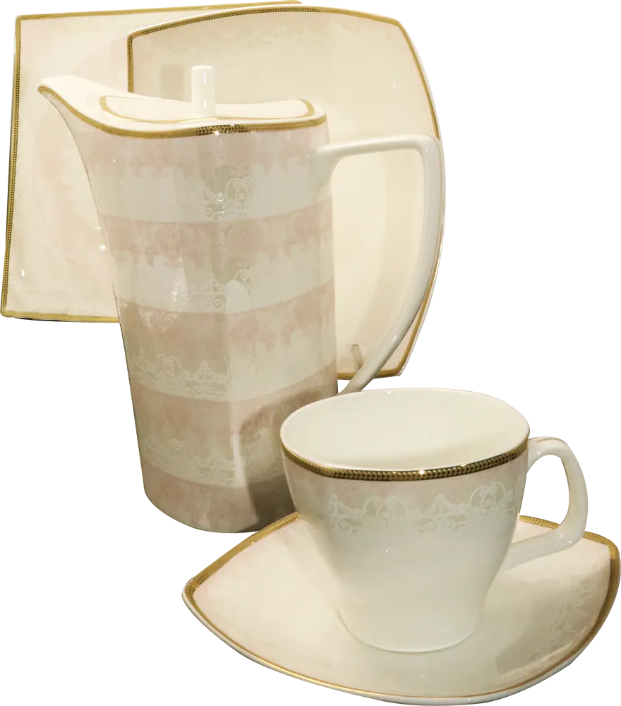 طقم صيني مربع بنجلاديش، 62 قطعة، اوف وايت مزخرف