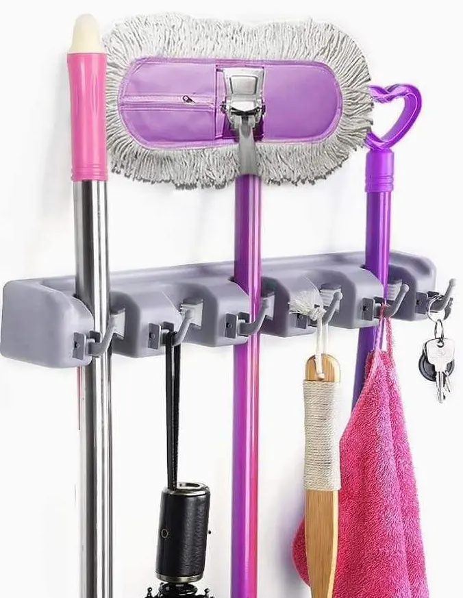 حامل مقشات و أدوات تنظيف علي الحائط 5 عين مضاد للأنزلاق - أزرق