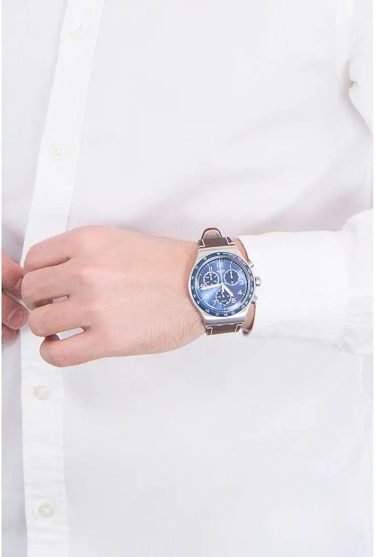 ساعة سواتش رجالي كاجوال بلو ، عقارب، سوار جلد، بني ، YVS466