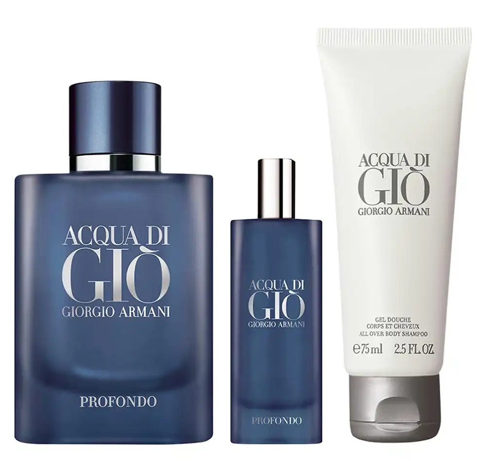 عطر اكوا دي جيو بروفوندو من جورجيو ارماني أو دي برفان 125 مل +15 مل + جل استحمام 75 مل