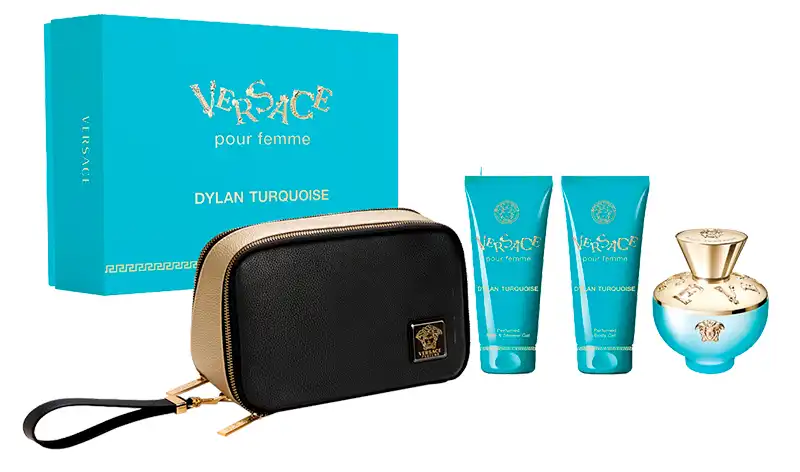 مجموعه عطر ديلان تركواز من فيرزاتشي للنساء او دي تواليت 100 مل + 100 مل شاور جيل + 100 مل بادي لوشن + شنطه للسفر