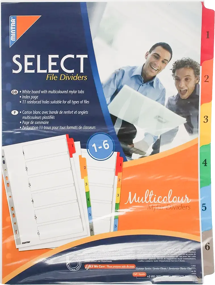 حافظة ملفات واوراق مينترا A4 مع فواصل ، من 1 إلى 6