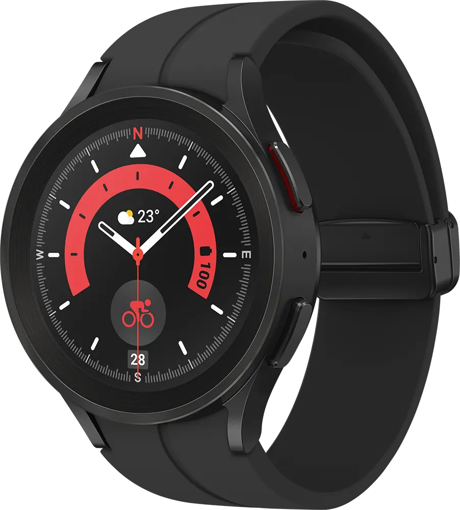 ساعة سامسونج جالكسي واتش 5 برو الذكية، مقاس 45 مم، بلوتوث، شاشة لمس 1.4 بوصة، مقاومة للماء، لون أسود تيتانيوم