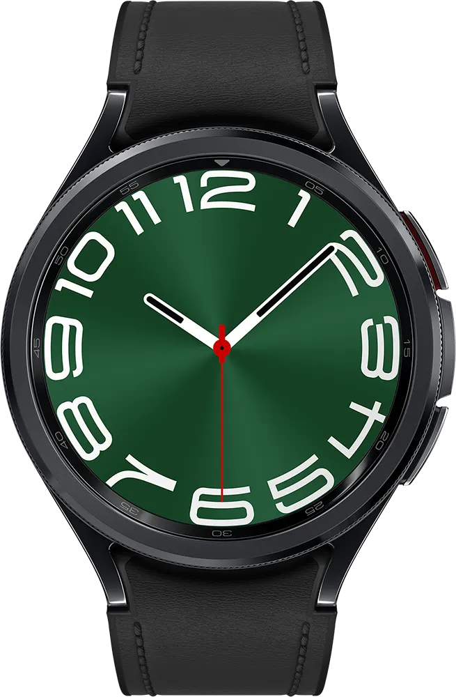 ساعة سامسونج جلاكسي 6 كلاسيك الذكية 47 ملم، بلوتوث، شاشة لمس 1.5 بوصة، مقاومة للماء، سوار جلد، أسود