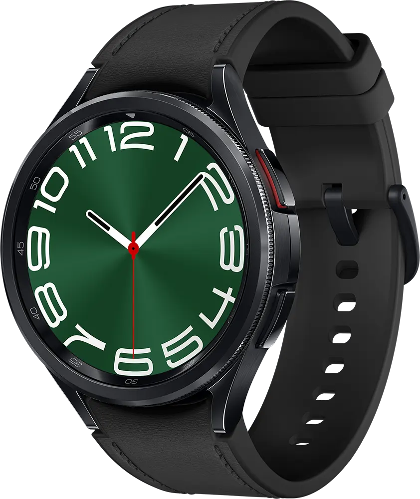 ساعة سامسونج جلاكسي 6 كلاسيك الذكية 47 ملم، بلوتوث، شاشة لمس 1.5 بوصة، مقاومة للماء، سوار جلد، أسود