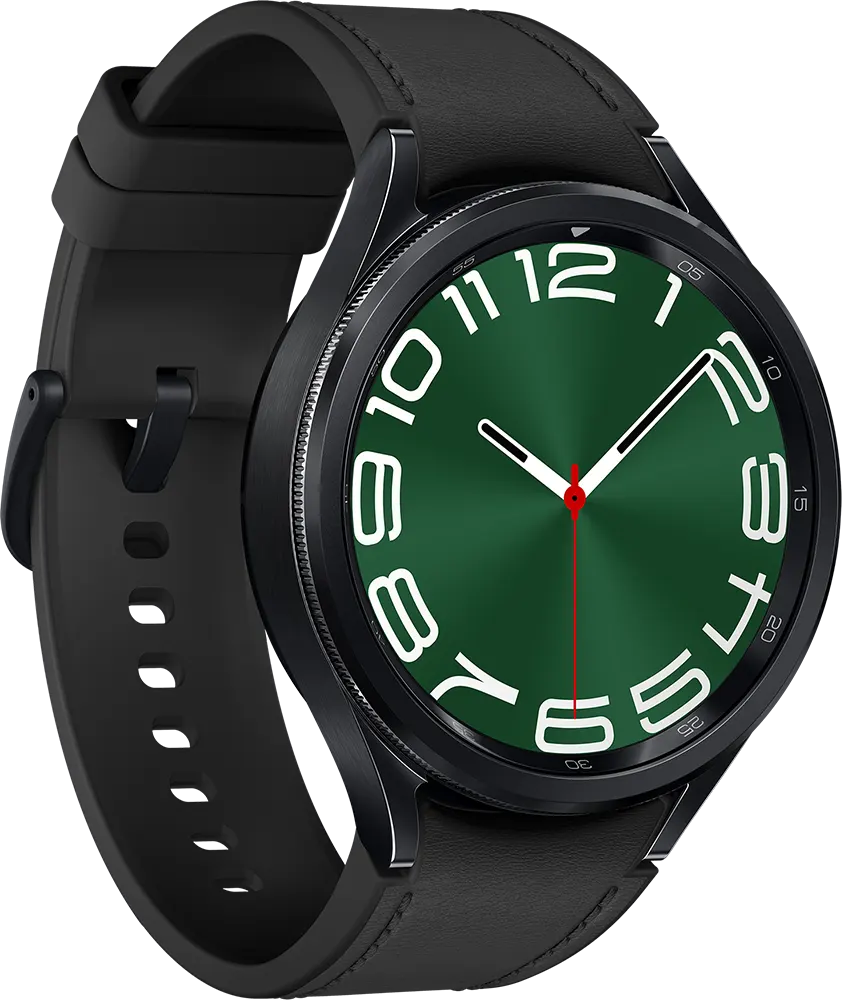 ساعة سامسونج جلاكسي 6 كلاسيك الذكية 47 ملم، بلوتوث، شاشة لمس 1.5 بوصة، مقاومة للماء، سوار جلد، أسود