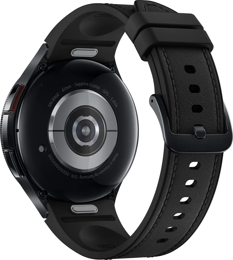 ساعة سامسونج جلاكسي 6 كلاسيك الذكية 47 ملم، بلوتوث، شاشة لمس 1.5 بوصة، مقاومة للماء، سوار جلد، أسود
