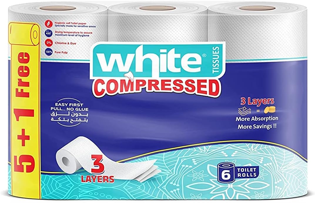 مناديل تواليت مضغوطة وايت،3 طبقات ، 6 قطع رول
