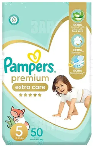 حفاضات بامبرز بريميوم اكسترا كير سعودي للاطفال مقاس 5، 11 - 25 كجم ،50 حفاضة