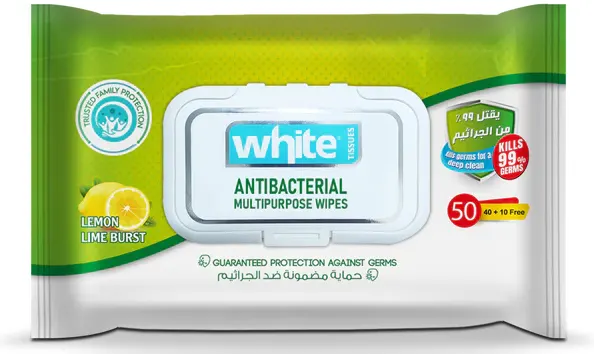 مناديل مبللة مضادة للبكتيريا من وايت ، 50 منديل