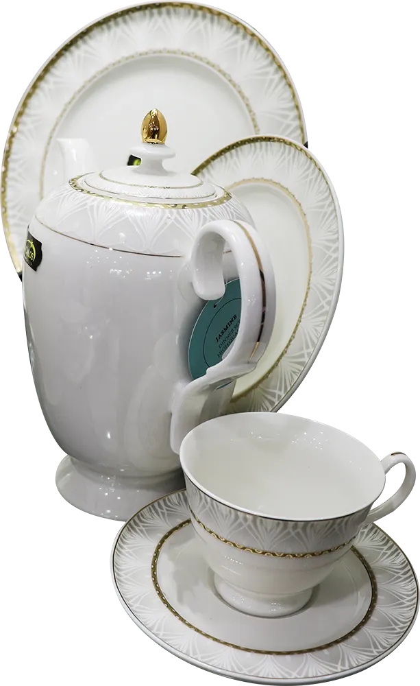 طقم صيني مدور من الأندلس، 62 قطعة، أبيض بنقوش ذهبي