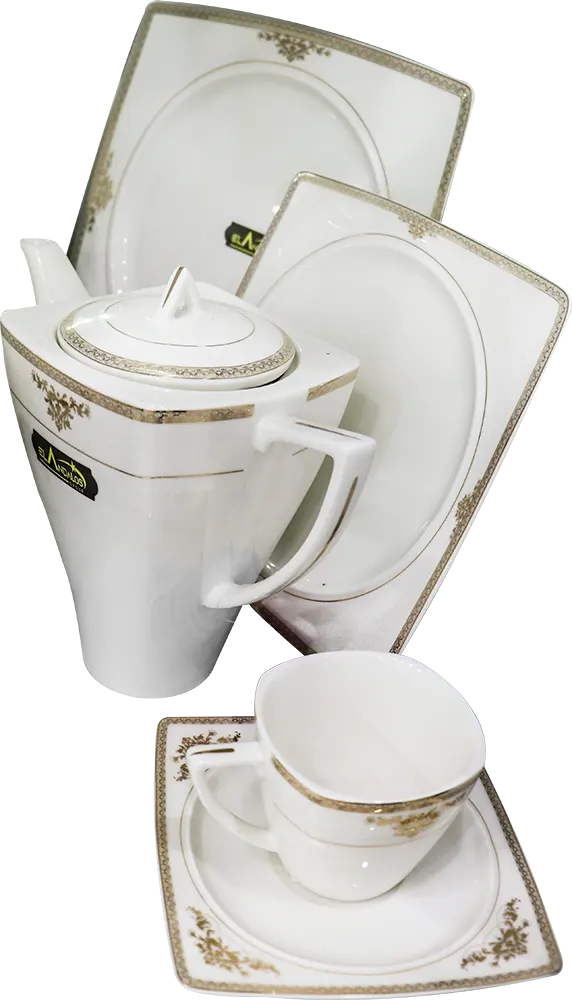 طقم صيني ماليزي مربع من الاندلس، 62 قطعة، أبيض بنقوش ذهبي