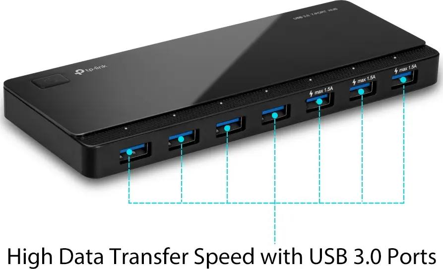 هاب تي بي لينك، 7 منافذ USB 3.0، عدد 3 مخارج شحن سريع، أسود، UH700