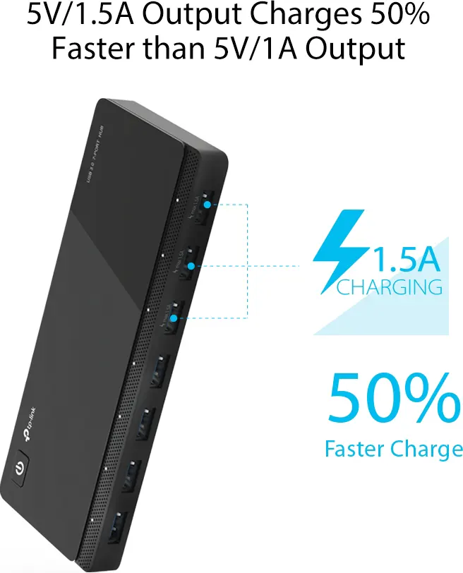 هاب تي بي لينك، 7 منافذ USB 3.0، عدد 3 مخارج شحن سريع، أسود، UH700