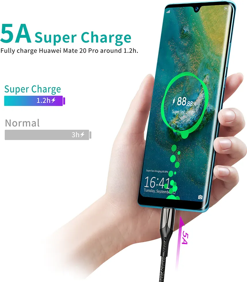 Choitech Type C Charger Cable, 5A, 1.2m, Black, AC0013