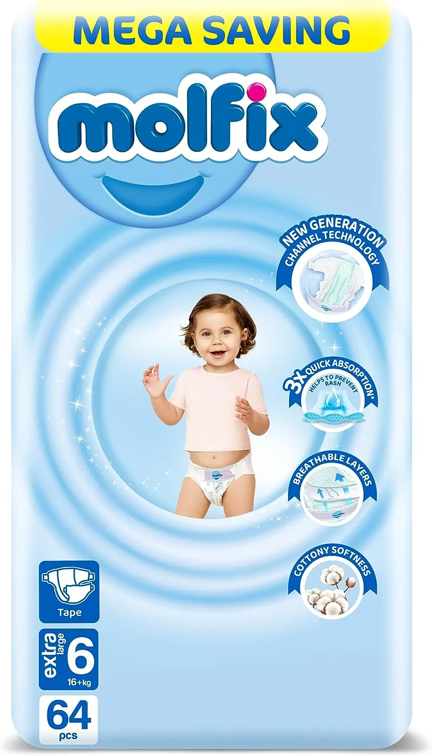 حفاضات مولفيكس للاطفال مقاس 6 ، 16 كجم ، 64 حفاضة