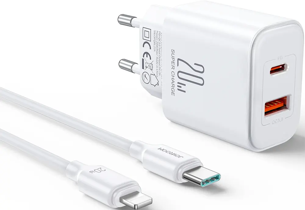 شاحن جوي روم سريع بمنفذين ، 20 واط ، نوع سي - لايتنينج ، أبيض ، JR-TCF05EU