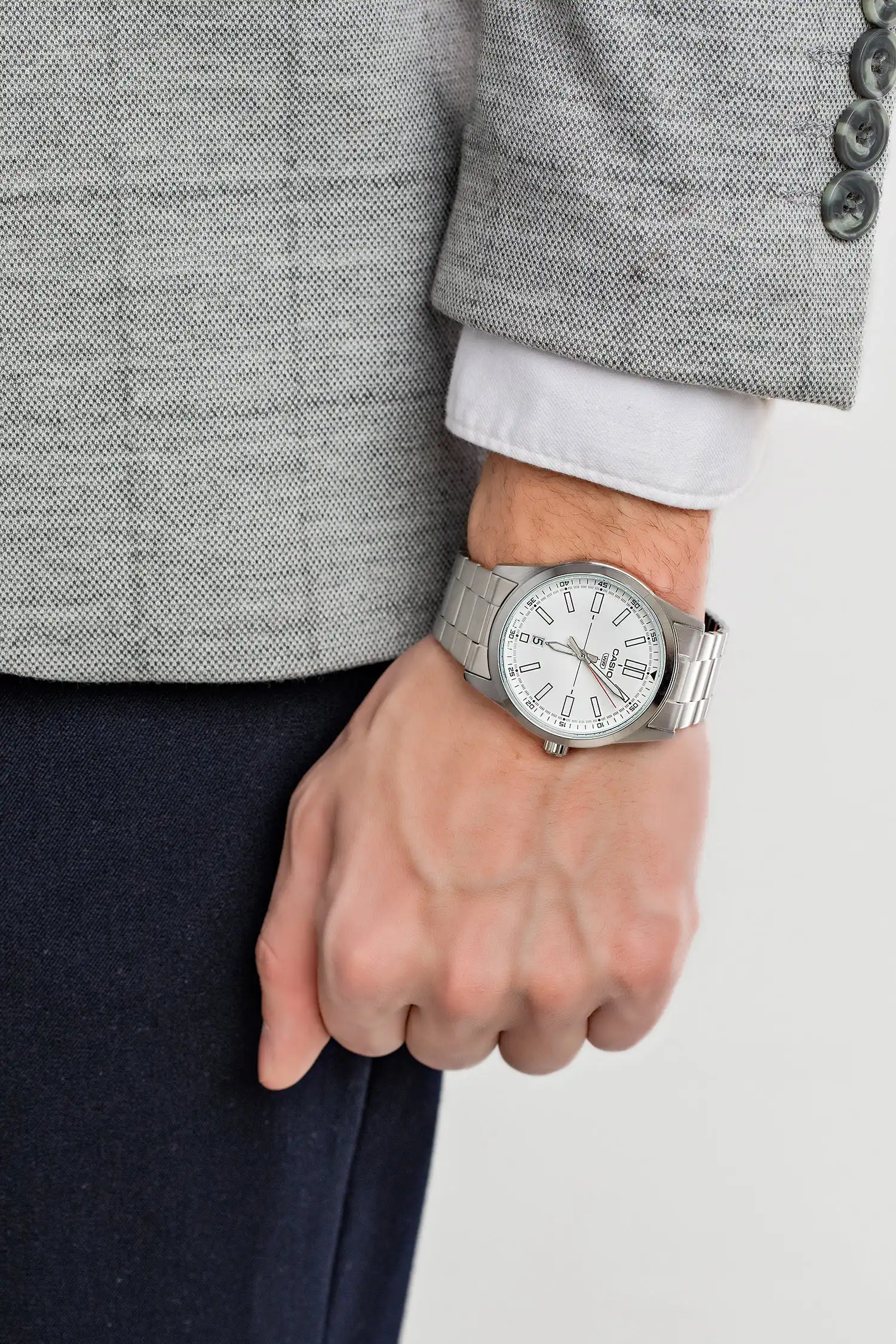 ساعة كاسيو رجالي، عقارب، سوار ستانلس ستيل، فضي، MTP-VD02D-7EUDF