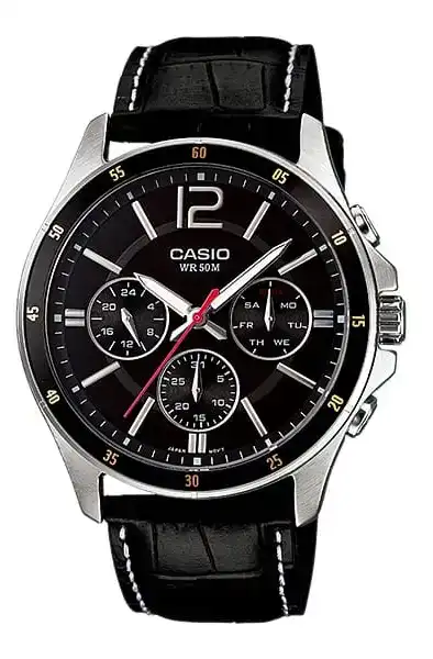 ساعة  كاسيو رجالي، عقارب، سوار جلد، أسود، MTP-1374L-1AVDF