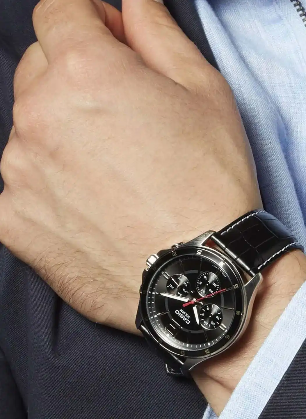 ساعة  كاسيو رجالي، عقارب، سوار جلد، أسود، MTP-1374L-1AVDF