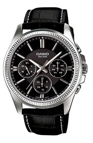 ساعة كاسيو رجالي، عقارب، سوار جلد، أسود MTP-1375L-1AVDF