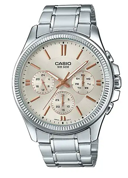 ساعة كاسيو رجالي، عقارب، سوار ستانلس ستيل، فضي، MTP-1375D-7A2VDF